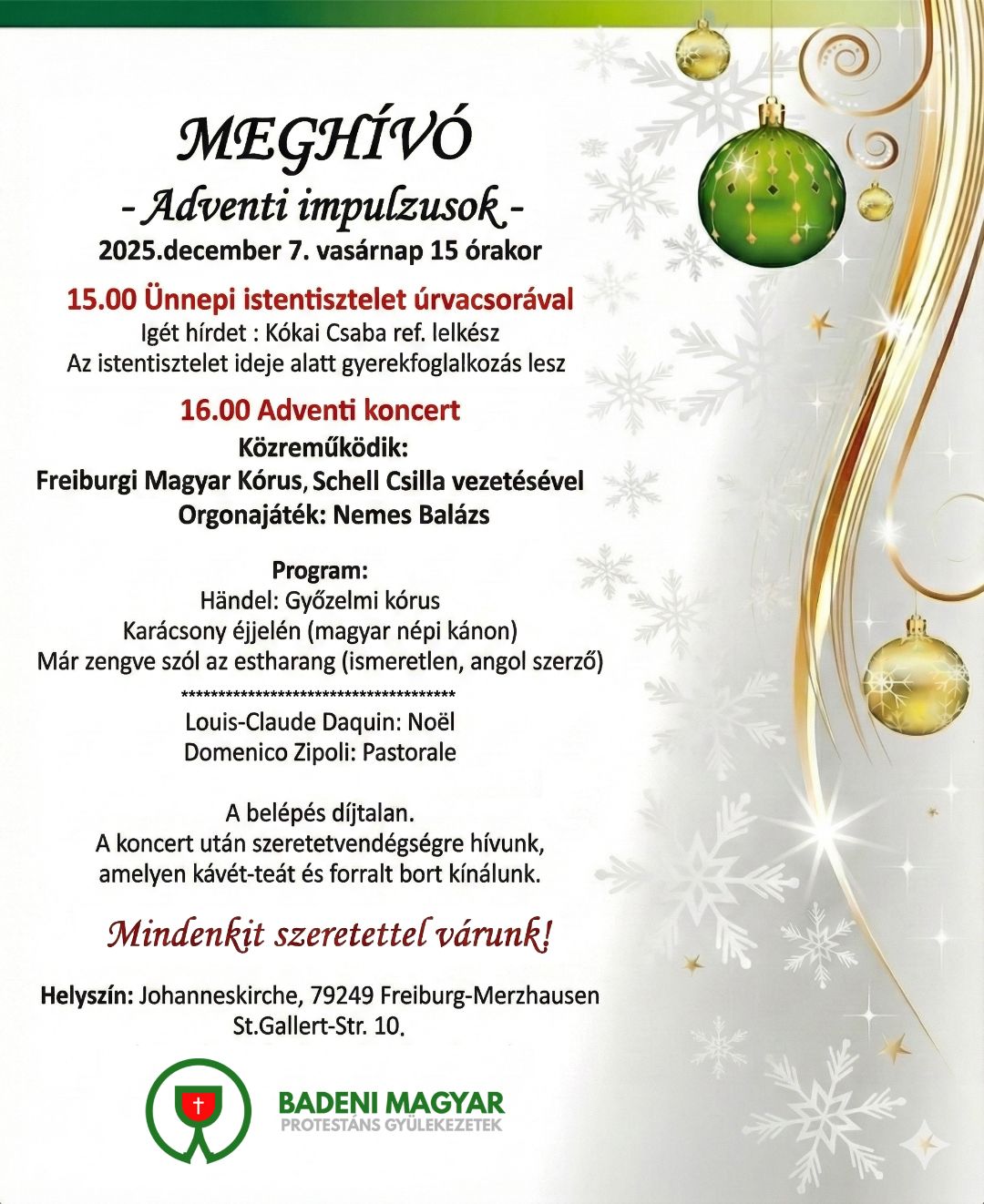 Ünnepi istentisztelet és adventi koncert meghívó