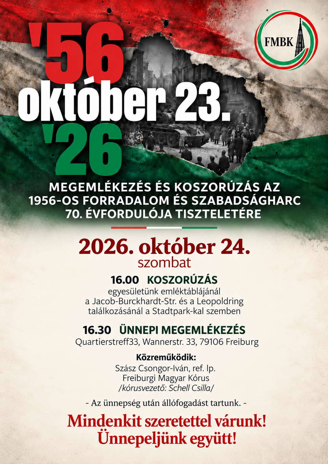 Meghívó a 2026. október 24-i freiburgi megemlékezésre és koszorúzásra az 1956-os forradalom és szabadságharc 70. évfordulója tiszteletére