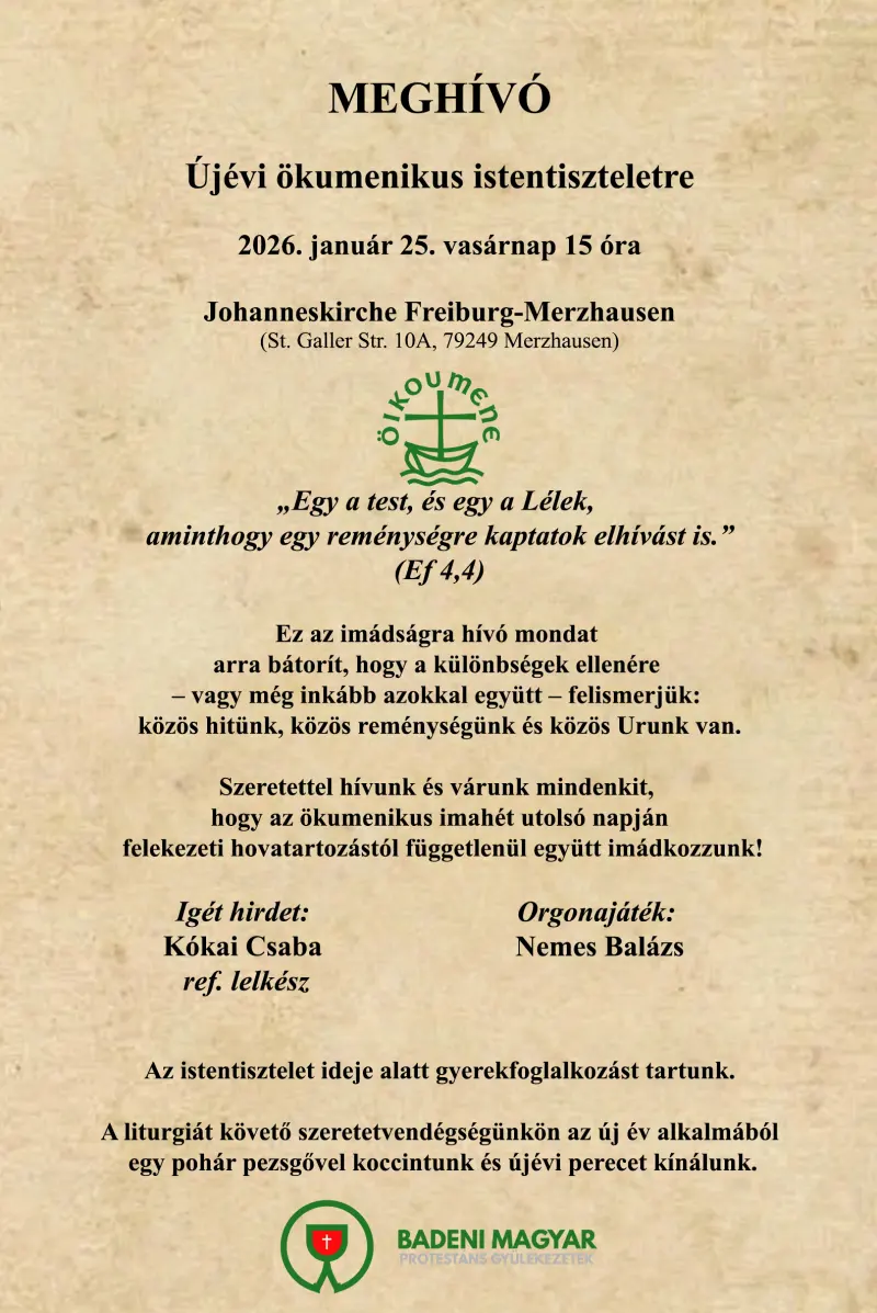 Újévi ökumenikus istentisztelet meghívó